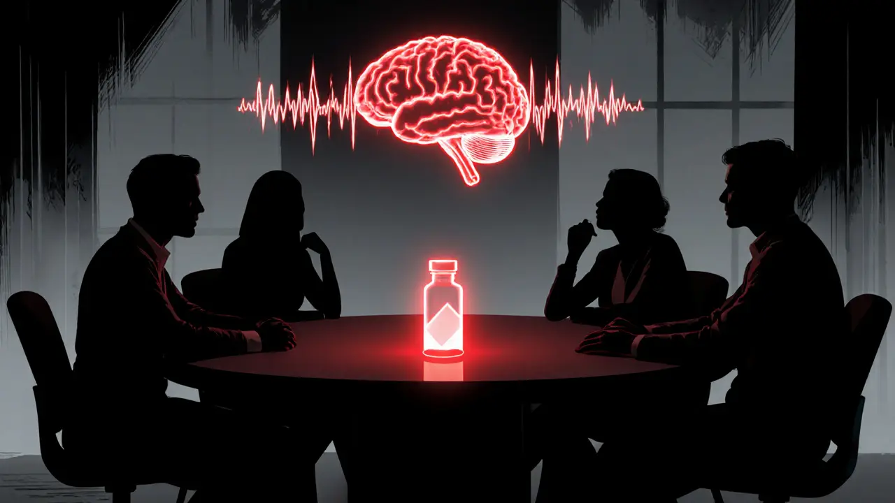 Multidisciplinární tým kolem stolu, v pozadí neonový mozek s EEG a futuristickým lékem.