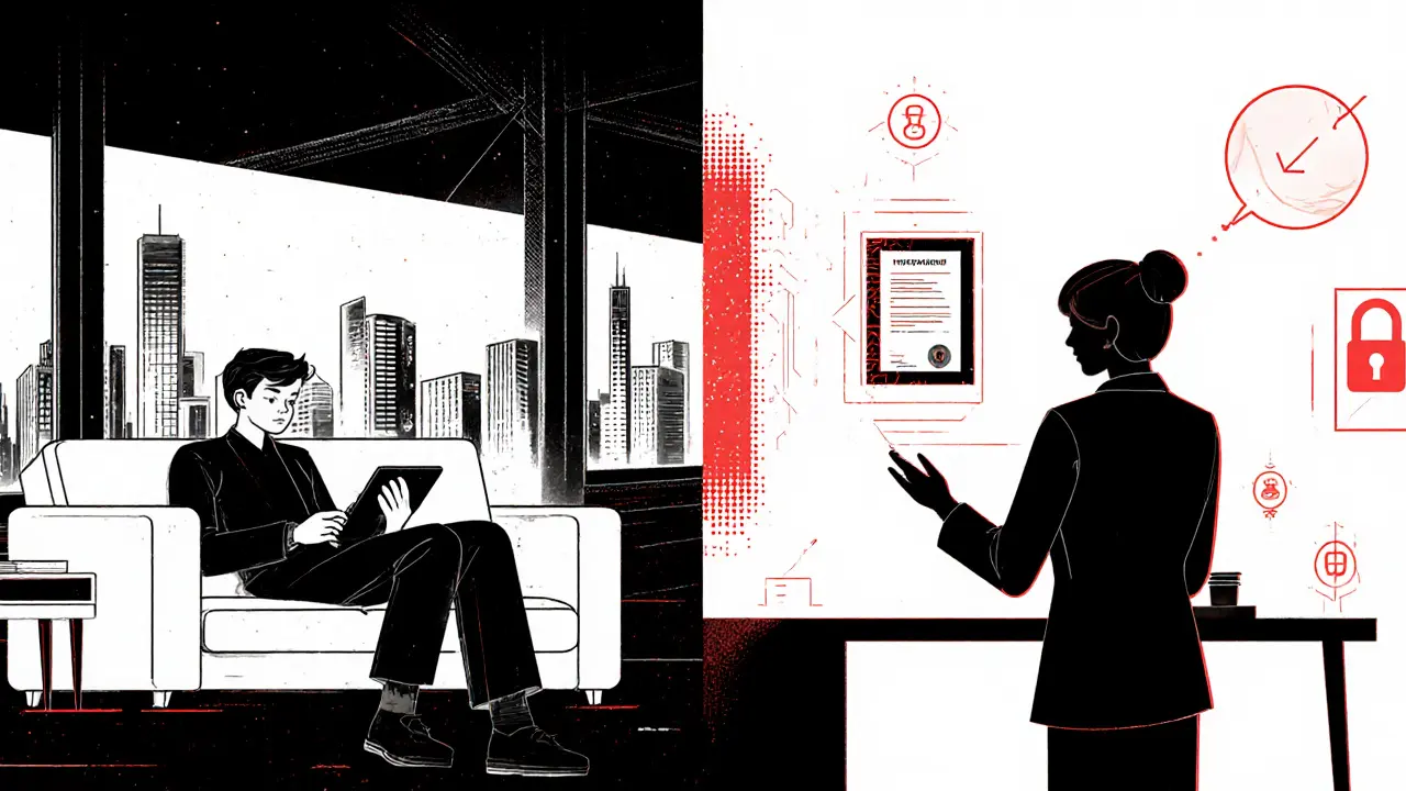 Budoucí hybridní terapie: člověk doma a terapeut v kanceláři, styl Sin City.