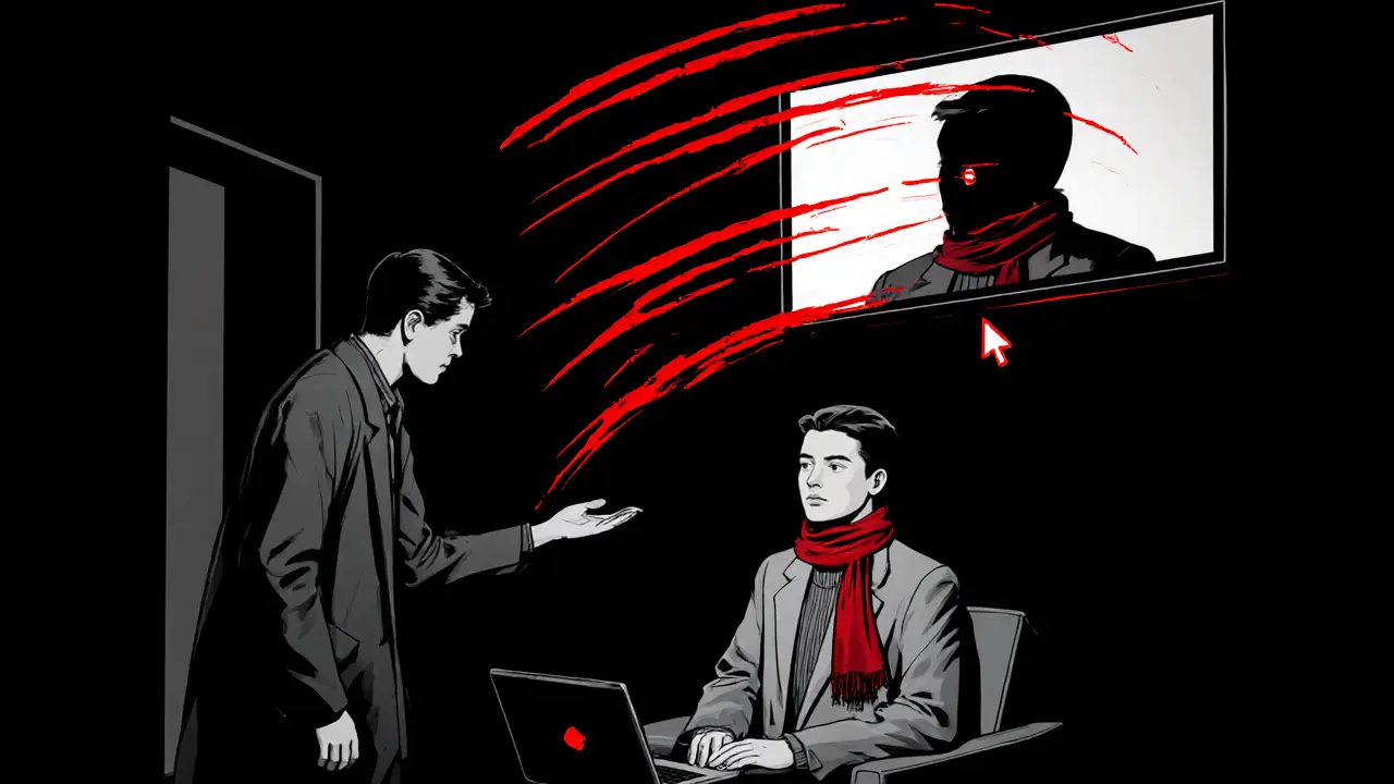 Terapeut a klient během online sezení, s červenými linkami znázorňujícími EMDR.