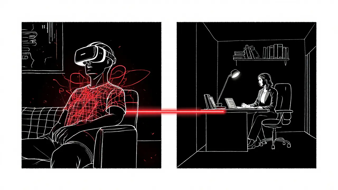 Hybridní terapie: člověk ve VR a terapeut v kanceláři propojeni červeným vláknem, noir styl.