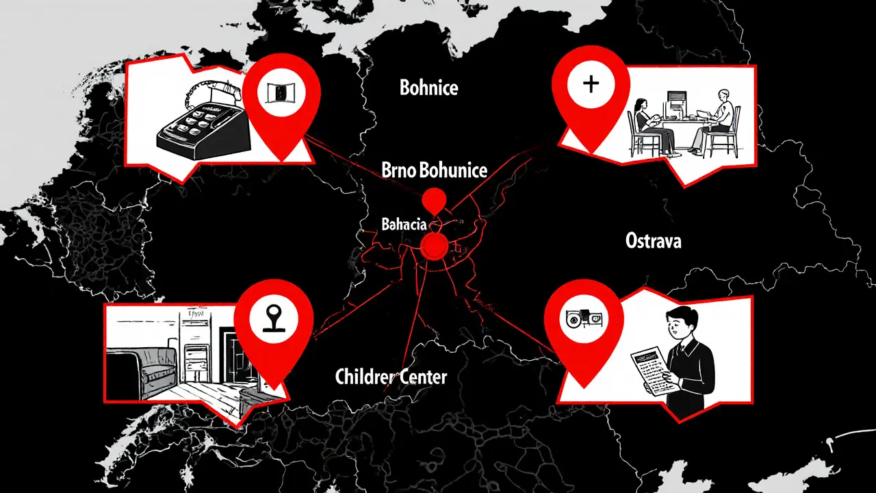 Mapa ČR s vyznačenými krizovými centry a dobrovolníky.