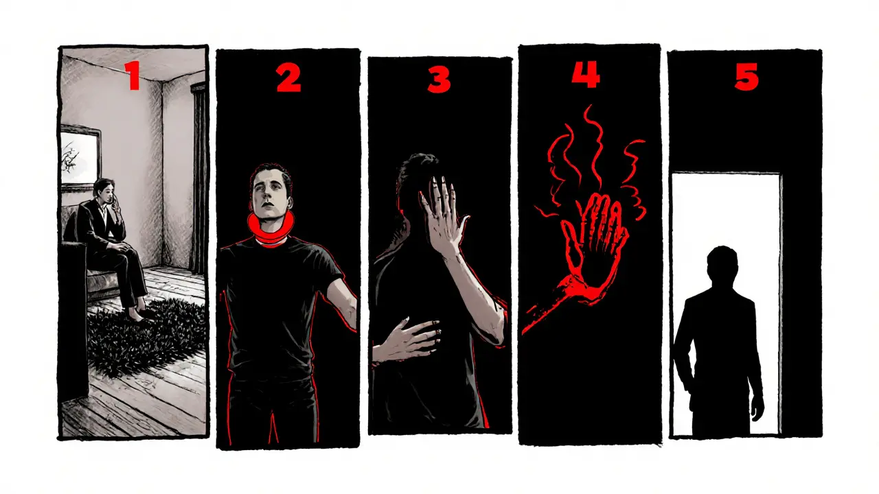 Pěti panelová komiksová sekvence ukazuje kroky budování důvěry v terapii.