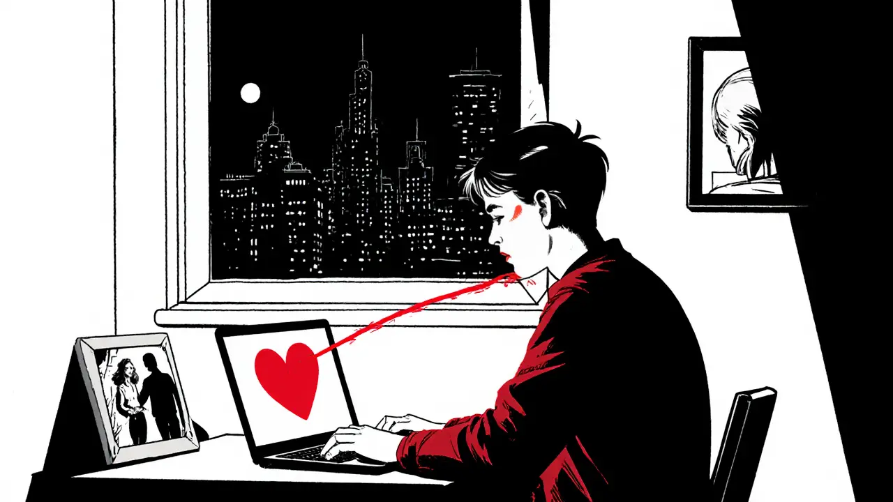 Teleterapie v bytě, červený laptop, okno na temné město, symbol podpory.