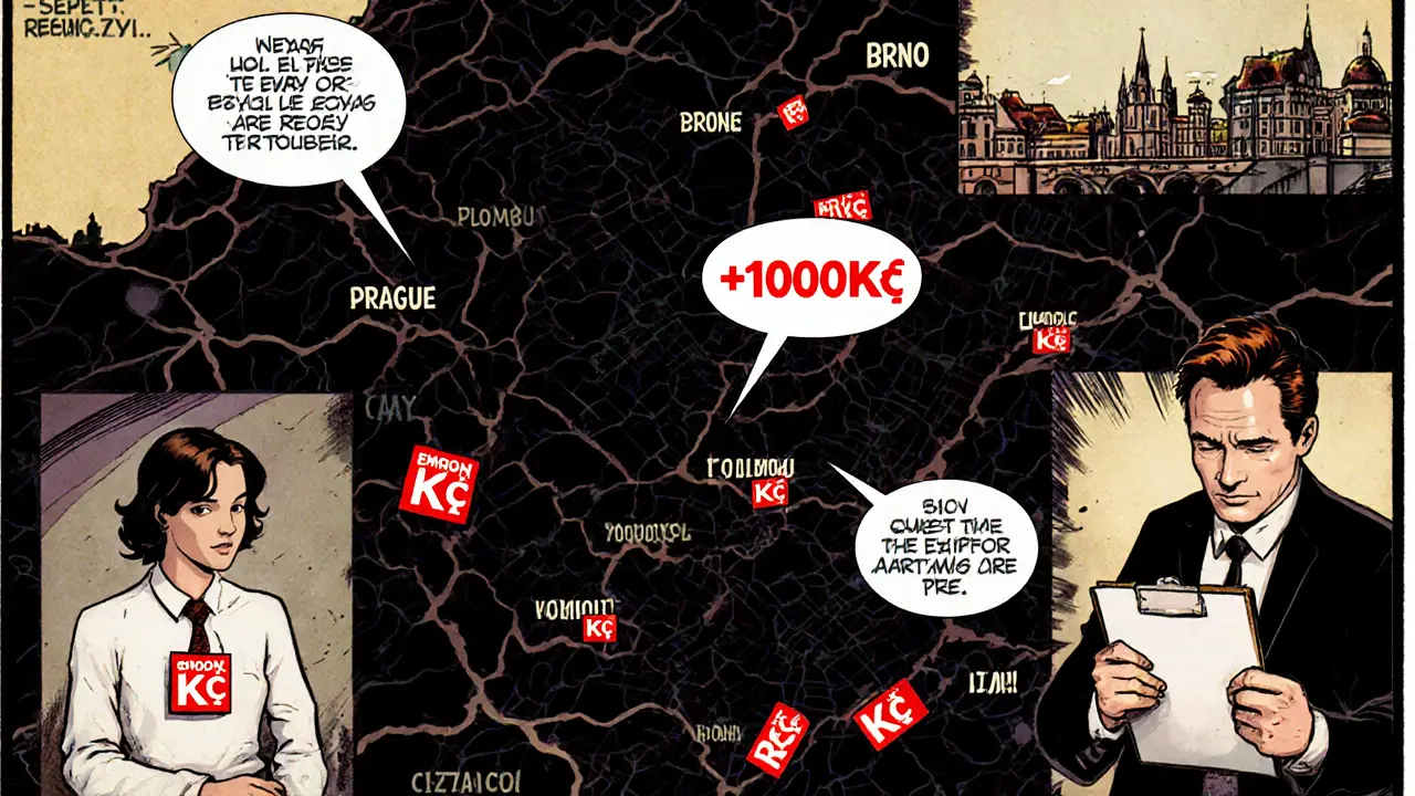 Mapa ČR ukazuje cenové rozdíly mezi Prahou a menšími městy, dva terapeuti v kontrastních barvách.