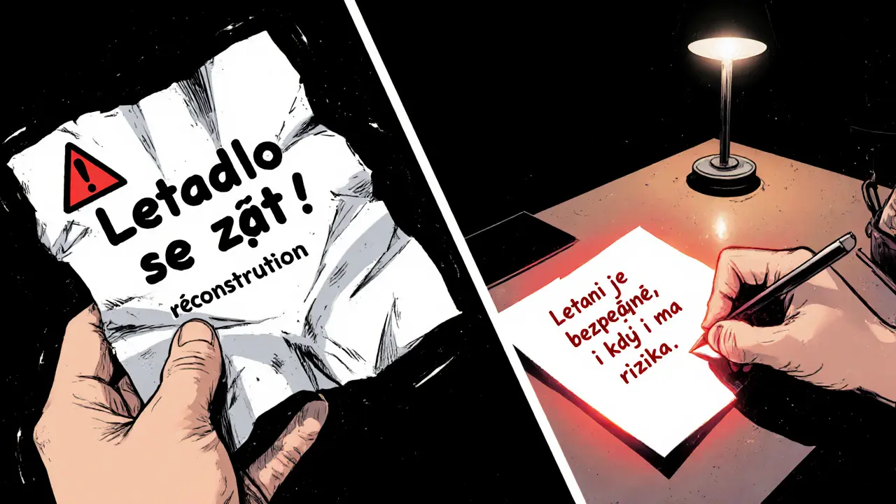 Rozdělený panel: původní katastrofická věta na papíru a její přepsání na realistickou, s červeným svitem nad novým textem.