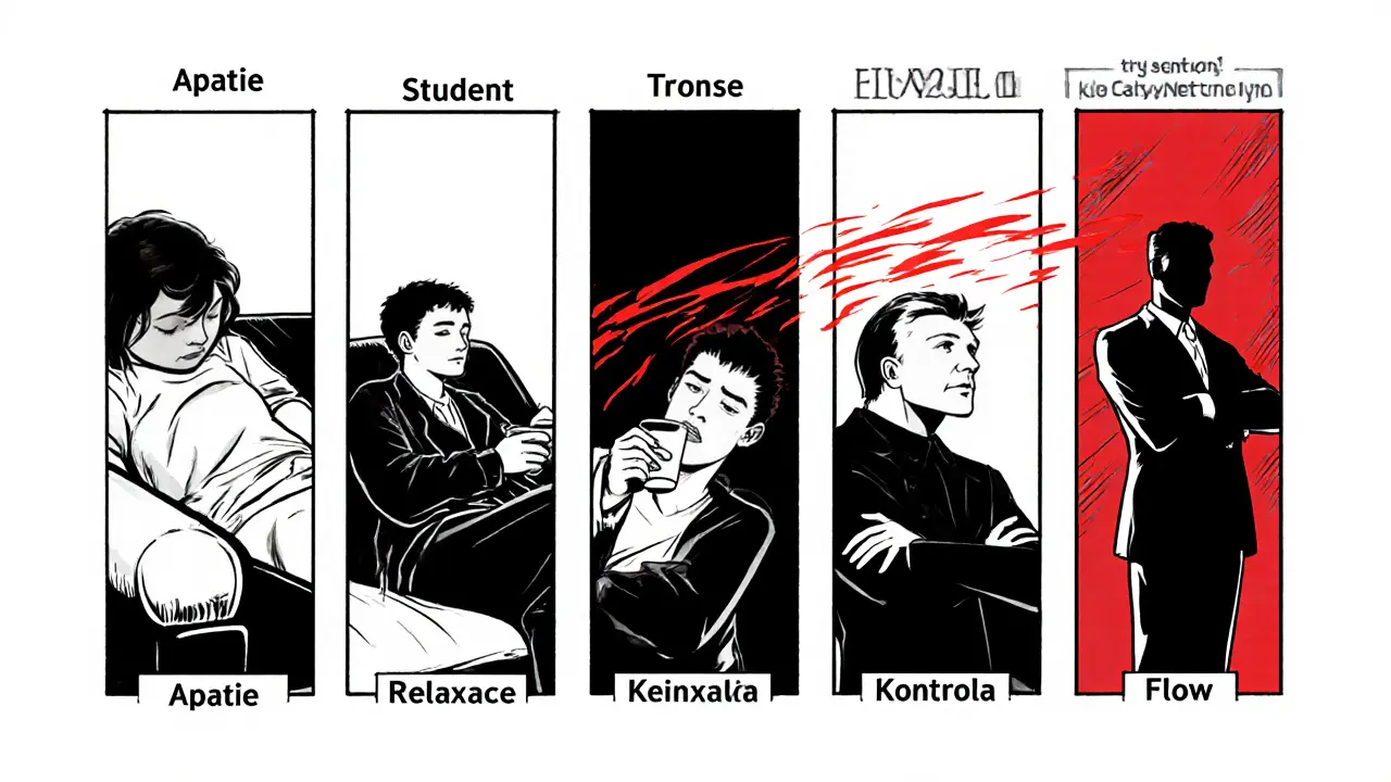 Série panelů znázorňujících osm stavů vědomí v černobílém komiksu.