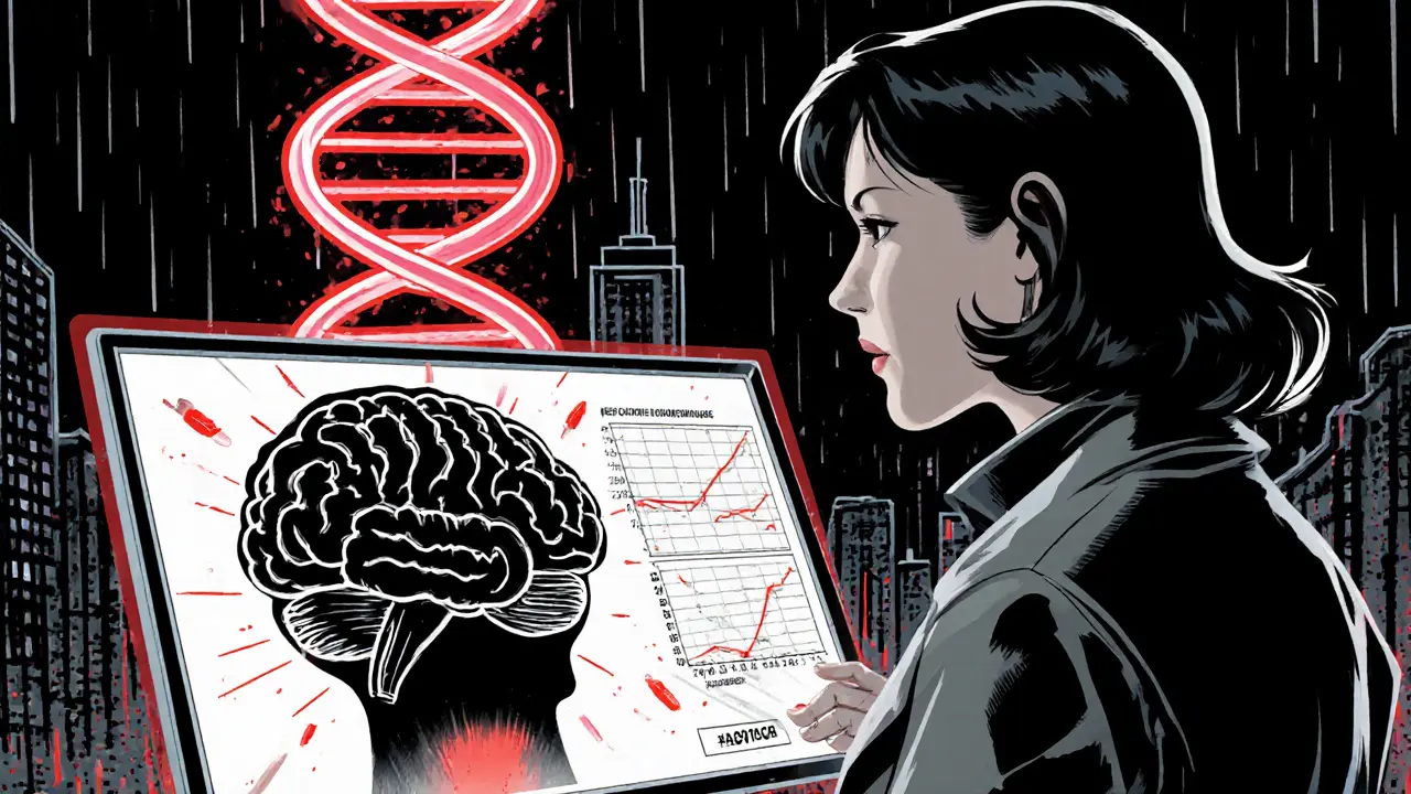 Budoucí medicína: červená DNA nad mozkem, lékařka zkoumá hologram.