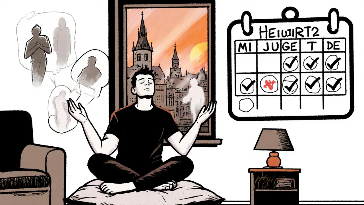 Klient cvičí doma, kalendář s odškrtnutými sezeními, za oknem české město při východu slunce.
