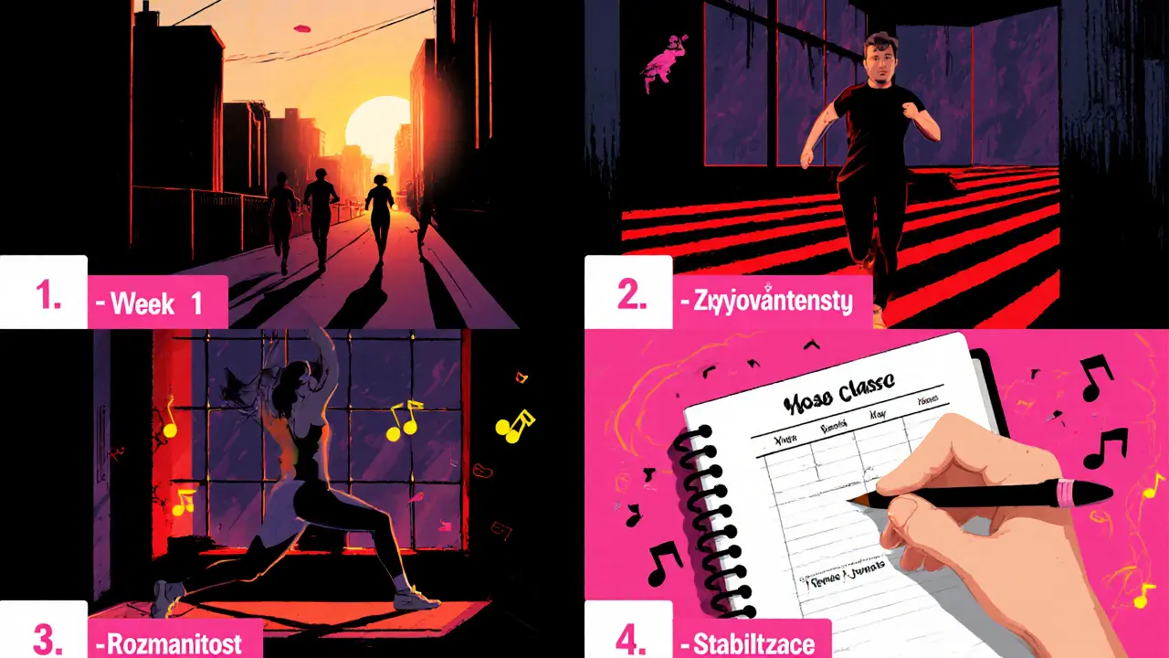 Postupný čtyřtýdenní plán cvičení v sérii komiksových panelů, postava zapisuje micro‑workout.