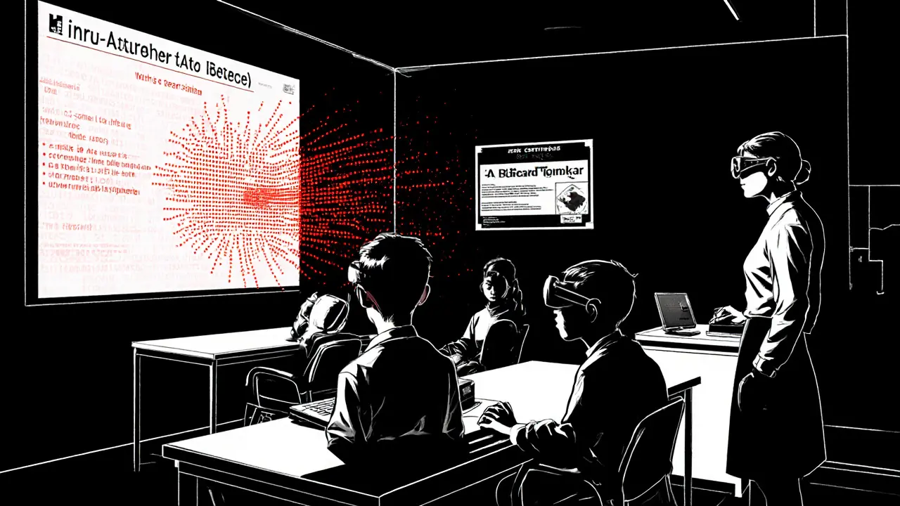 Učitel školí studenty v moderní třídě s AI podporovanými AAC nástroji, černobílý komiks.