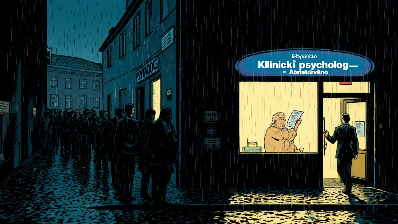 Čekací řada u klinického psychologa proti rychlému přístupu u běžného psychologa.