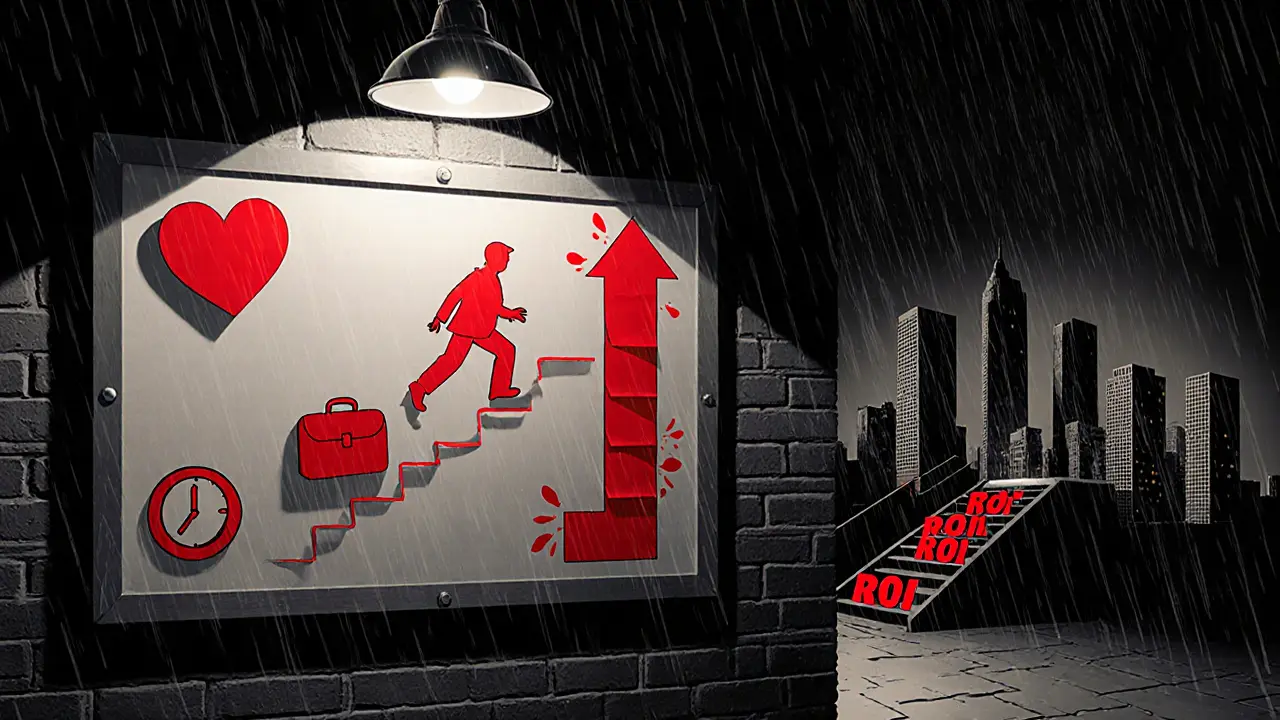 Detektivní nástěnka s červenými ikonami a schodištěm vedoucím k ROI.