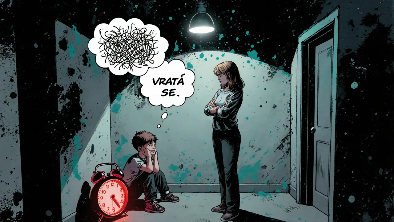 Dítě v časovém pauze, matka klidně stojí, v pozadí červený časovač.