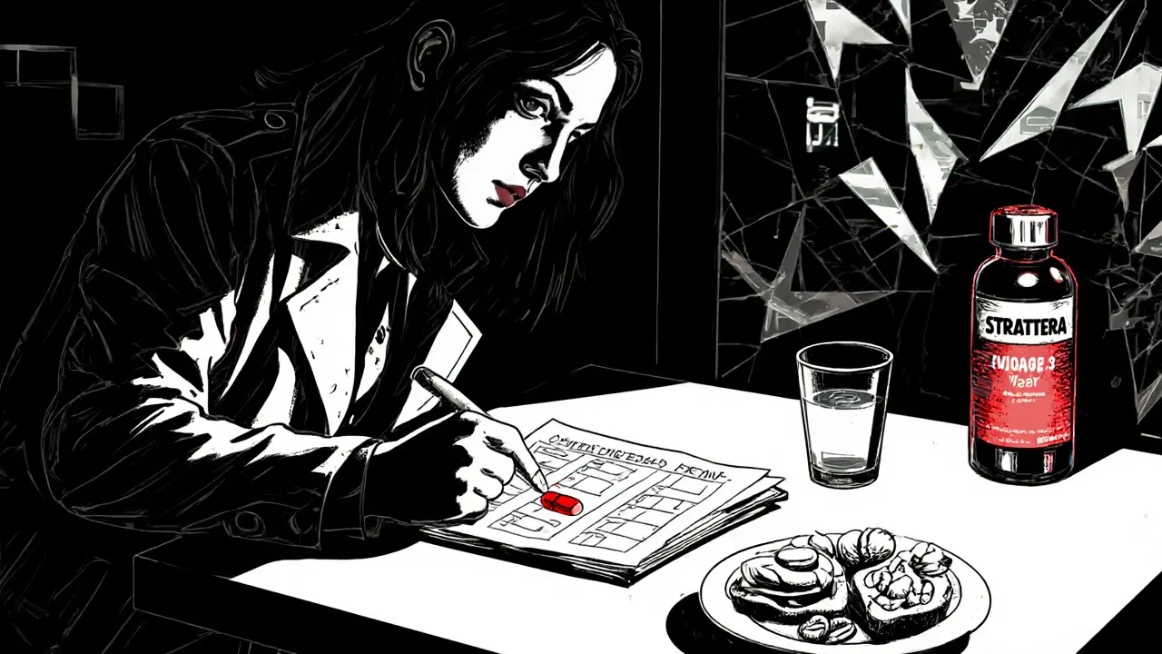 Nutriční poradna, dietolog ukazuje jídelní plán, na stole omega‑3 kapsle a Strattera, atmosféra noir.