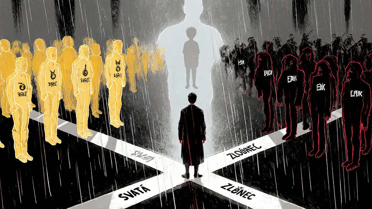 Osoba na křižovatce mezi svatými a zlými obrazy, pozorována svou dětskou verzí.