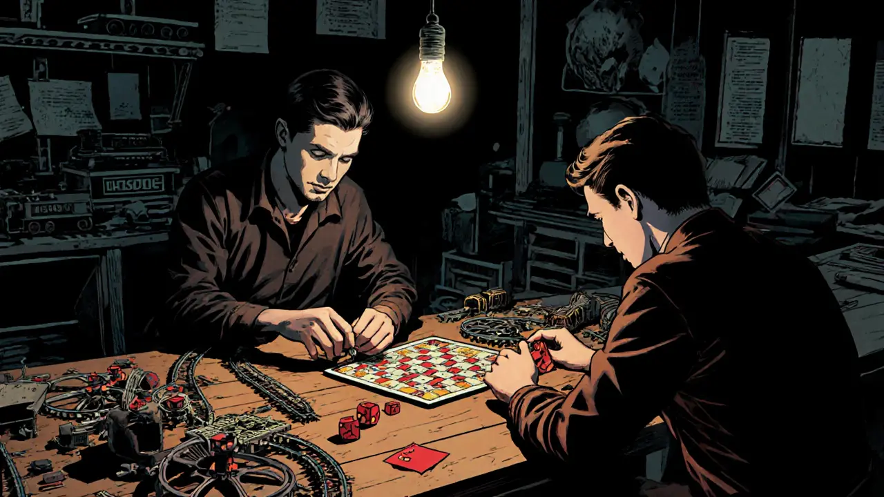 Pár společně staví model vlaků a hraje deskovou hru v temném stylu Sin City, ukazují sdílené zájmy.