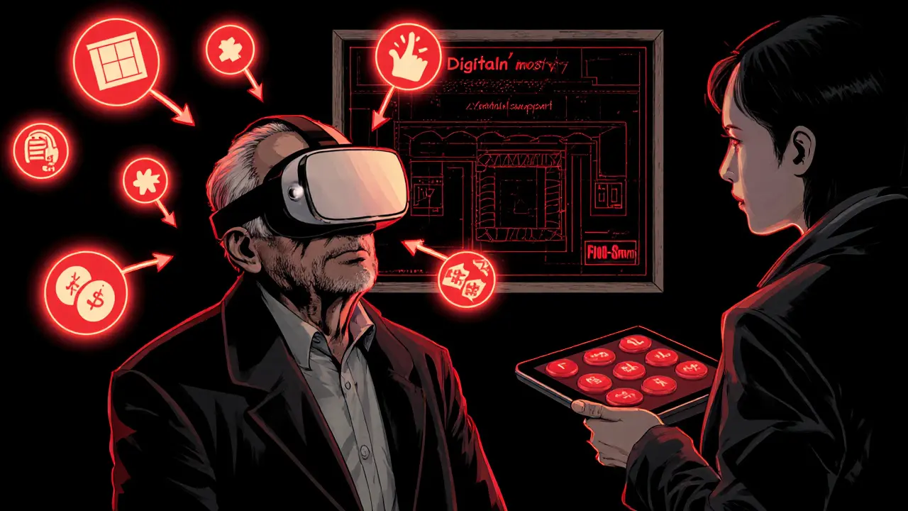 Senior s VR headsetem a červenými hologramy kouká na digitální mosty a technickou podporu.