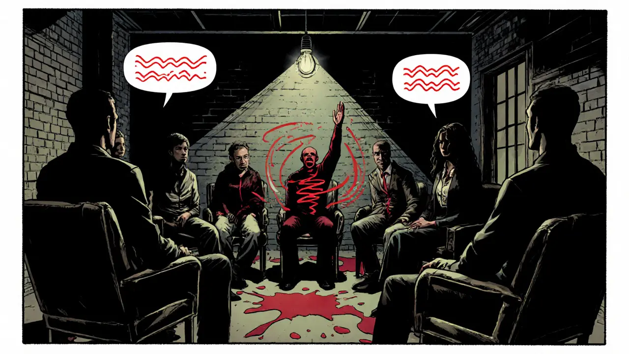 Skupinová podpora, postavy v stínech provádějí dechová cvičení, comic noir.