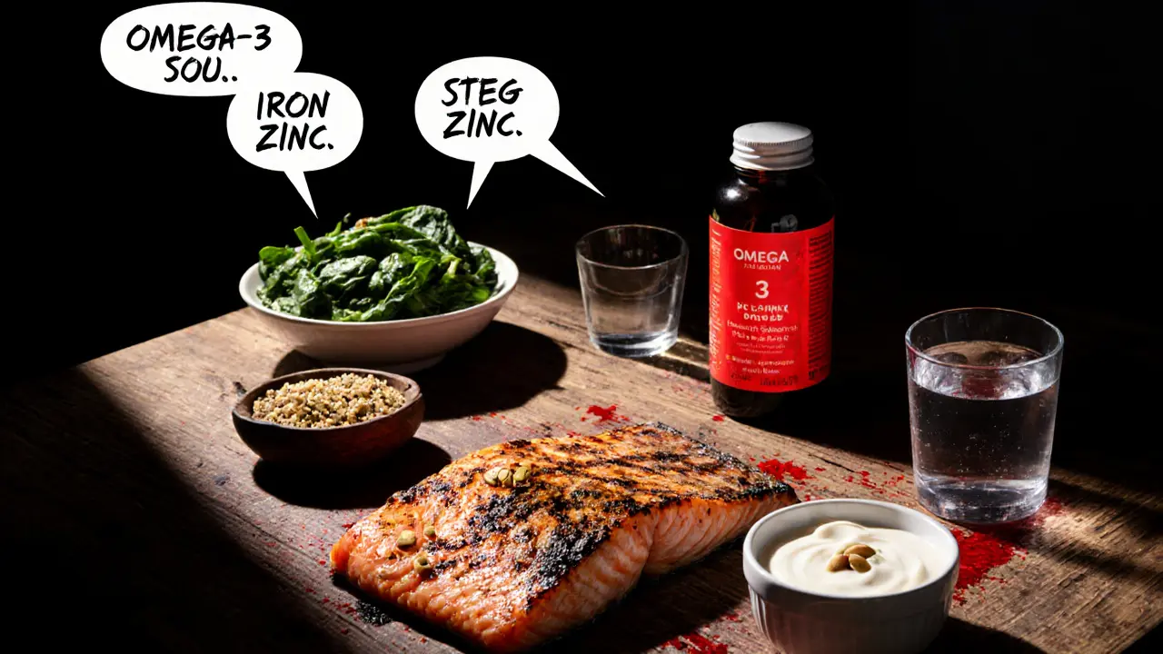 Stůl s lososem, špenátem, dýňovými semínky, quinoou a jogurtem, zvýrazněné červeně v noir stylu.