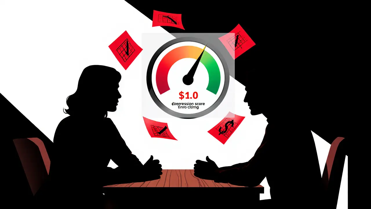 Terapeut a klient u stolu, nad nimi klesající graf deprese s červenými akcenty.