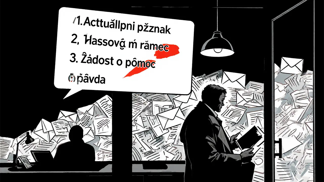 Terapeut čte e-mail s klíčovými body problému v kanceláři s dramatickým osvětlením.