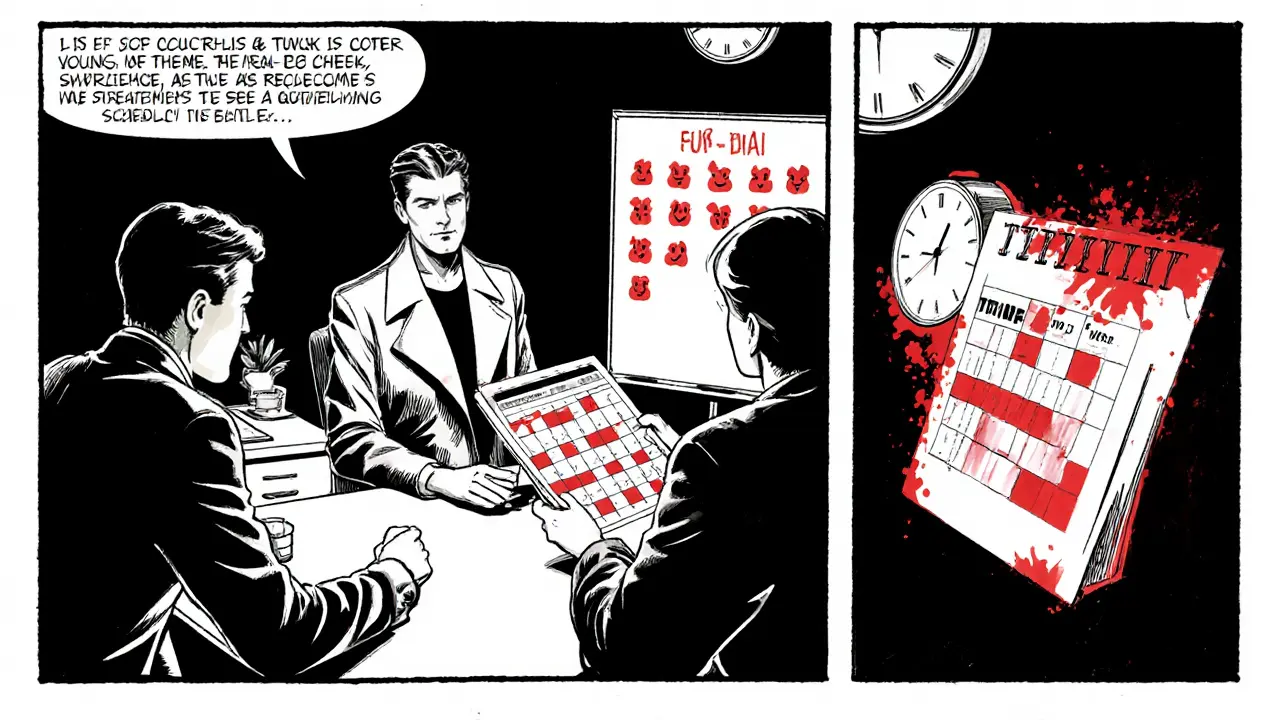 Terapeut, klient a partner u kulaté stoly s kalendářem, osvětlení v kontrastním černobílém stylu.