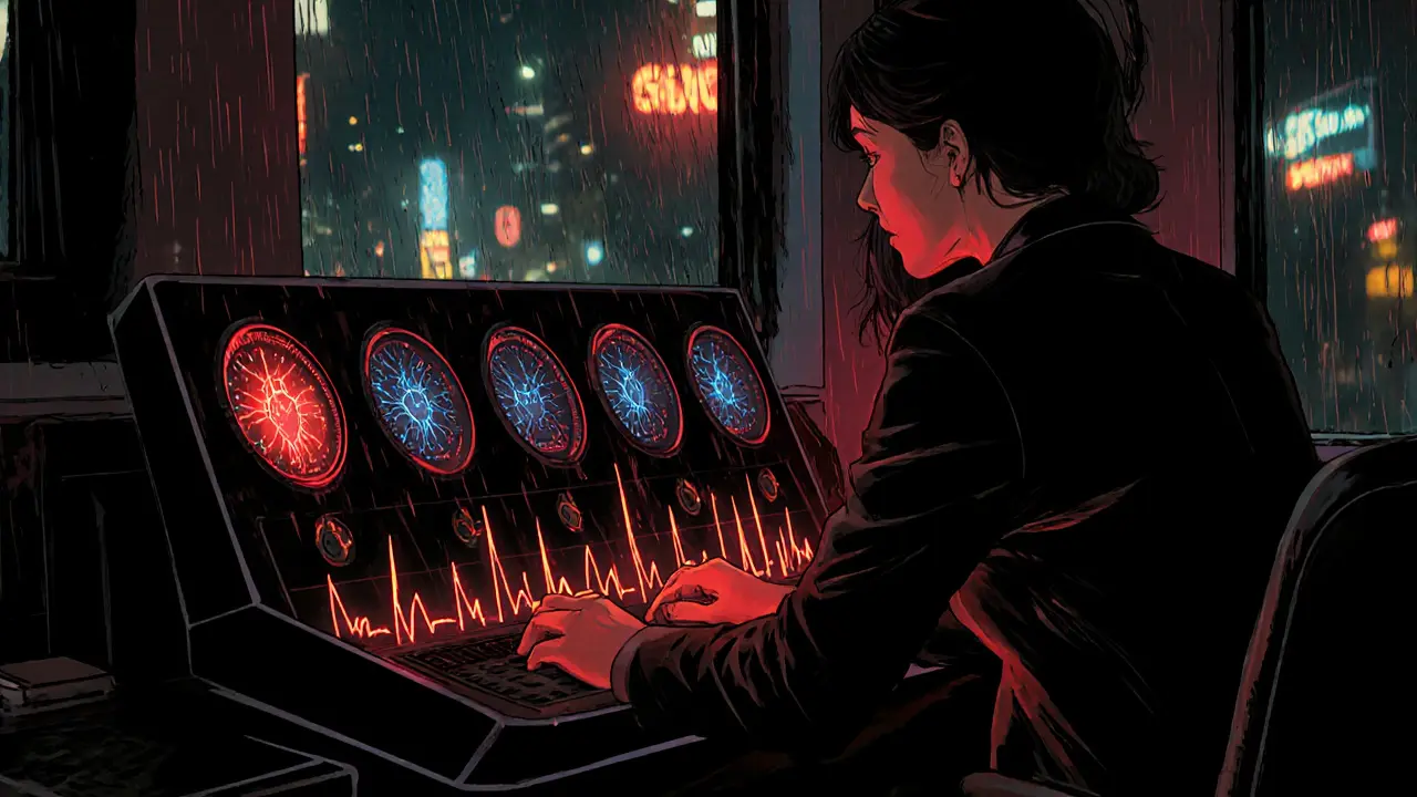 Terapie s biofeedbackem, neonové červené linky znázorňují nervový systém, Sin City styl.