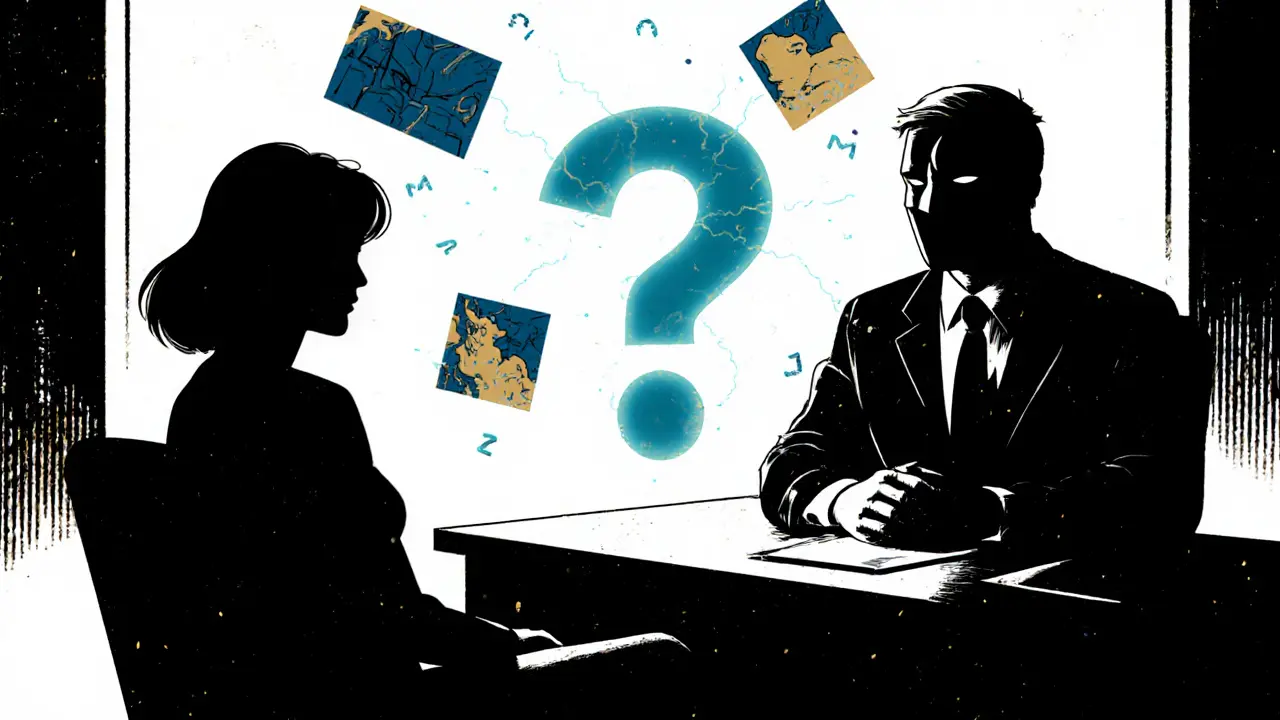 Žena a terapeut sedí proti sobě, mezi nimi se vznášejí symboly duševních potíží.