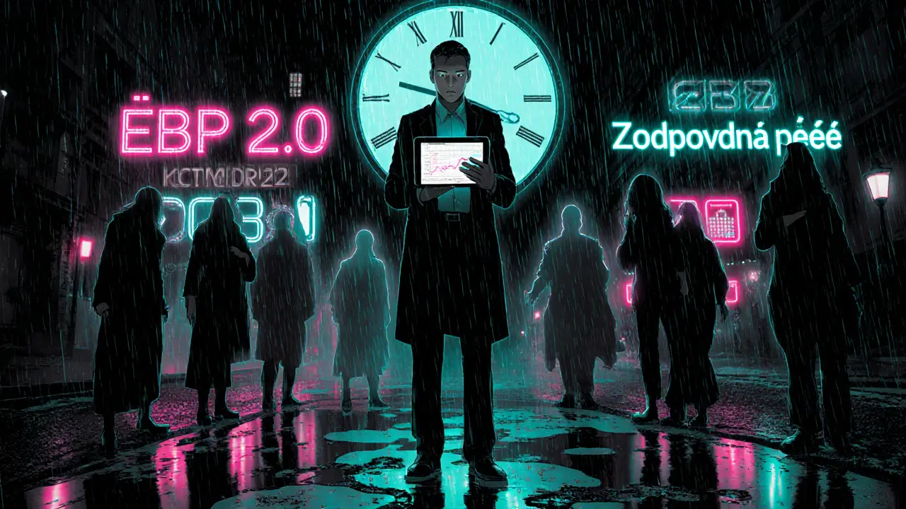 Český terapeut v dešti v Praze, drží tablet s daty, kolem něj stíny bývalých klientů, neonové značky.