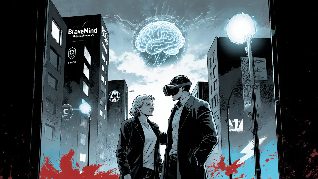 Český terapeut vede seniora ve virtuálním městě s holografickým trenérem.