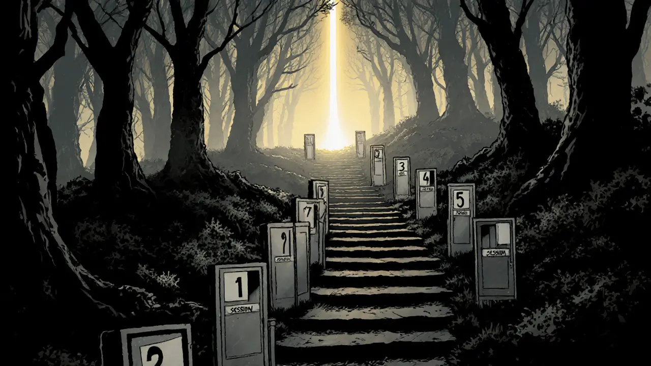 Cesta skrz mlhu s dveřmi označenými sezeními, první dveře otevřené do tmy.