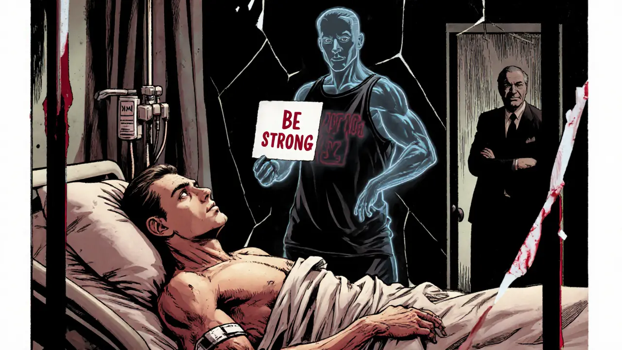 Chudý muž v nemocnici je obklopen duchem svého dřívějšího já, které ho tlačí k dokonalosti.