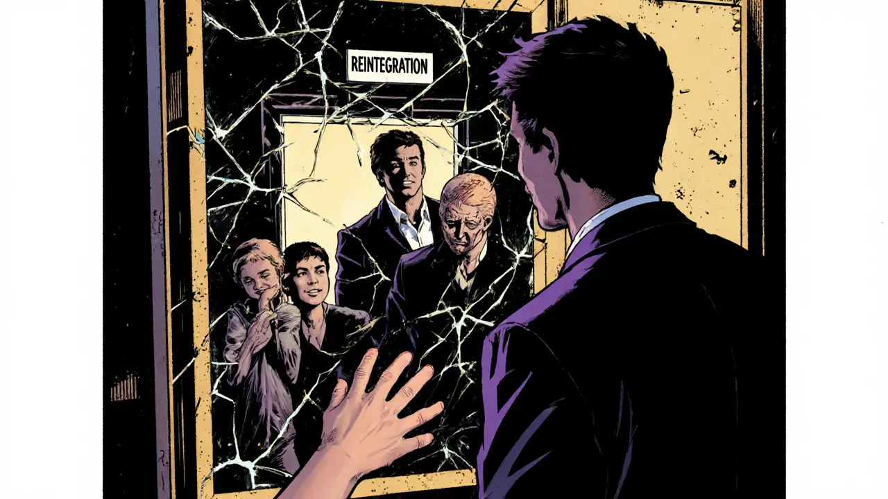 Člověk se dívá do zrcadla, kde vidí tři verze sebe sama — dítě, dospělý a přeživší.