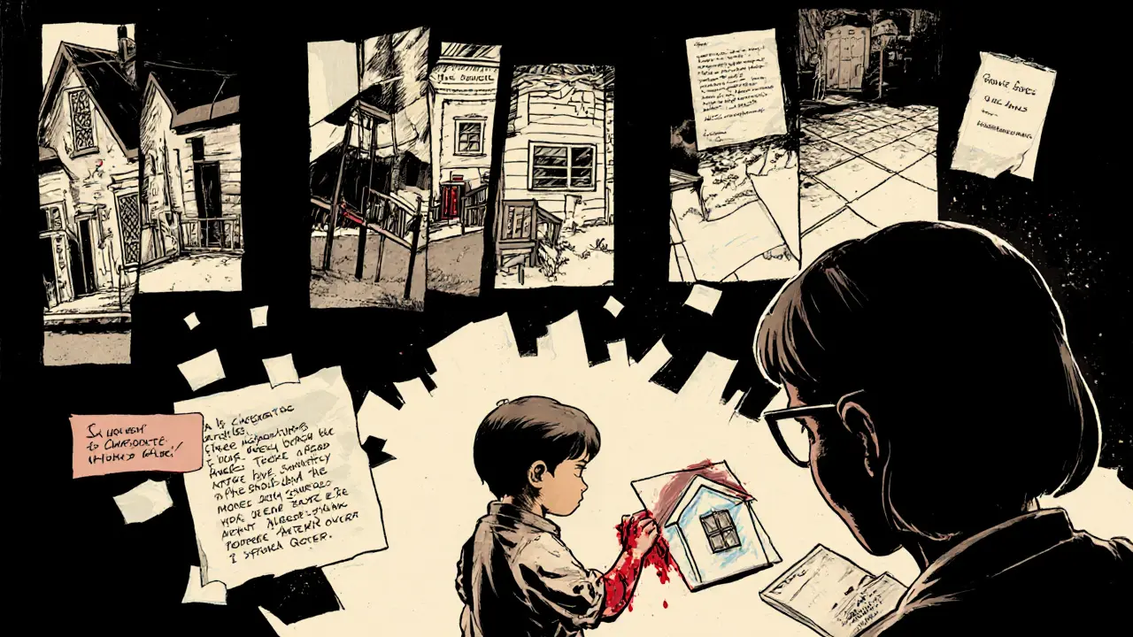 Dítě kreslí dům, kolem něj plavou fragmenty jeho světa, vysoký kontrast a noir styl.