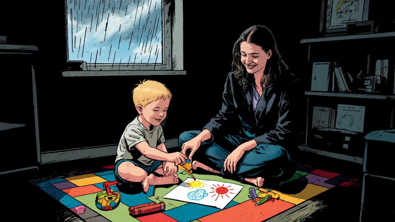 Dítě kreslí na podlaze s psychologem, hračky a barvičky kolem nich.