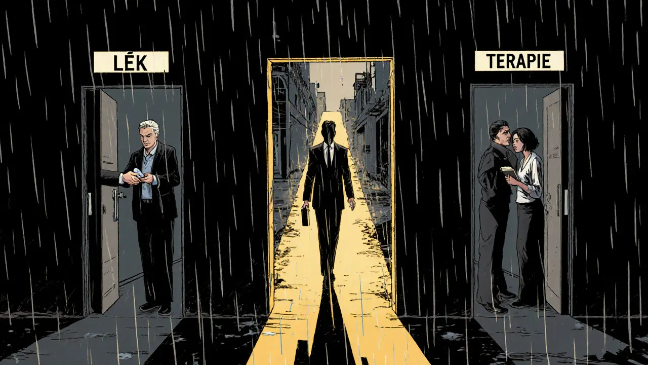 Dvě dveře k léčbě – léky a terapie – s třetí cestou, která vede k naději, v noirem stylu.