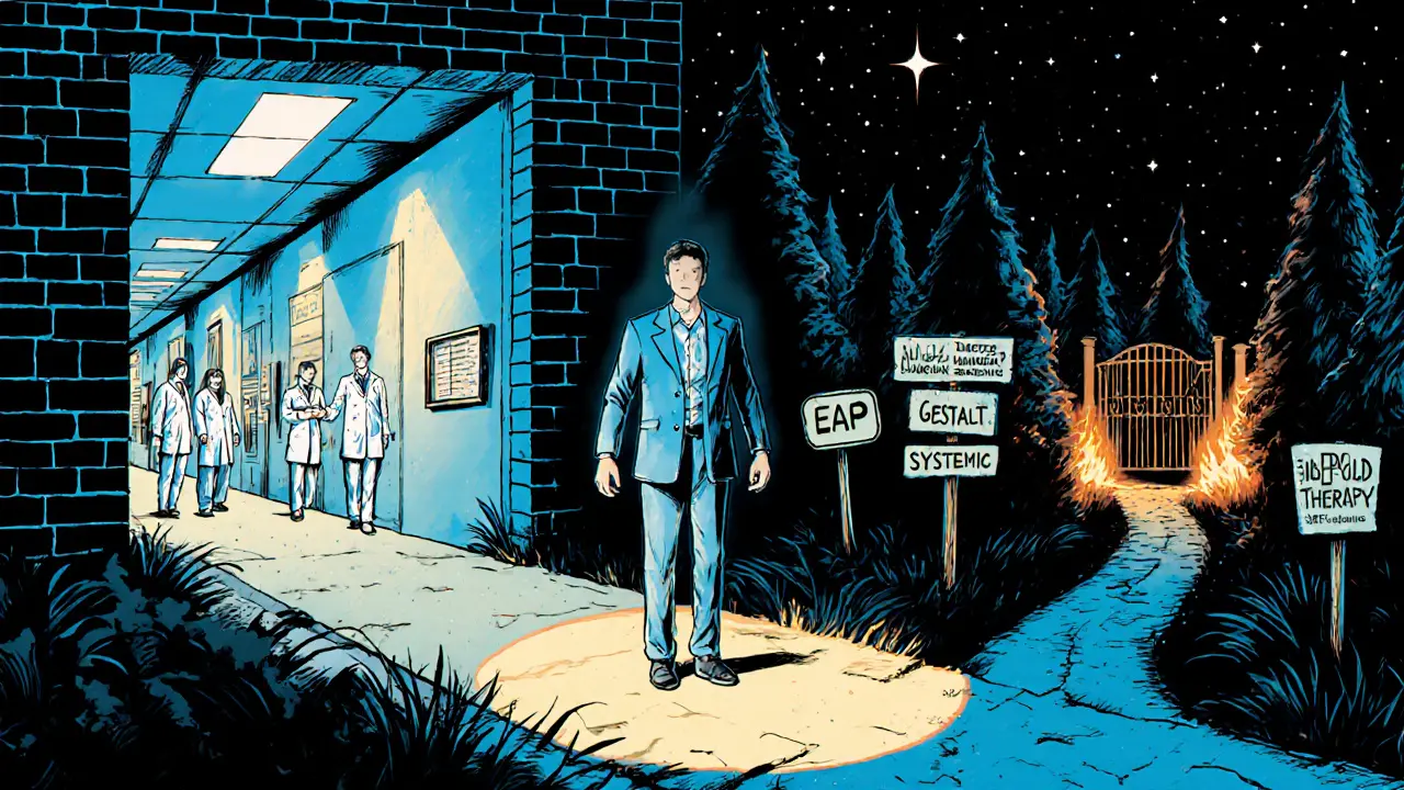 Klient drží dvě cesty: jednu vedoucí do nemocnice, druhou do lesa s terapeutickými značkami.