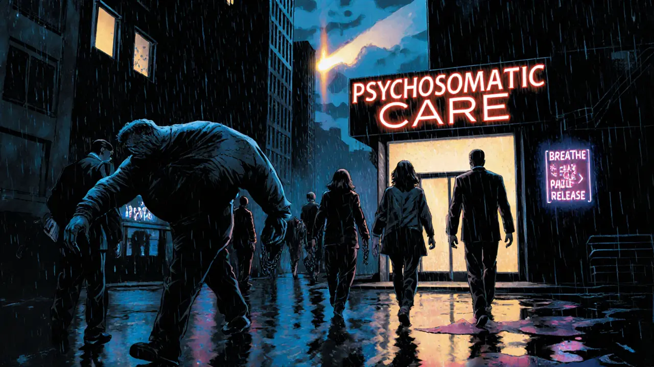 Lidé s fyzickými projevy stresu jdou k léčebnému centru v městském krajině, kde světlo proniká skrz déšť.