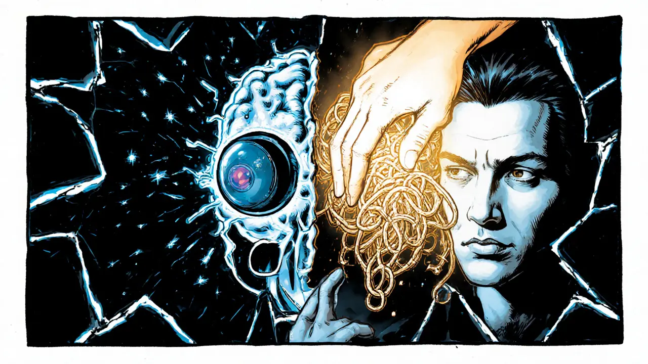 Mozek rozdělený na chemické synapse a rozplétající se myšlenky, osvětlený modrým a zlatým světlem.