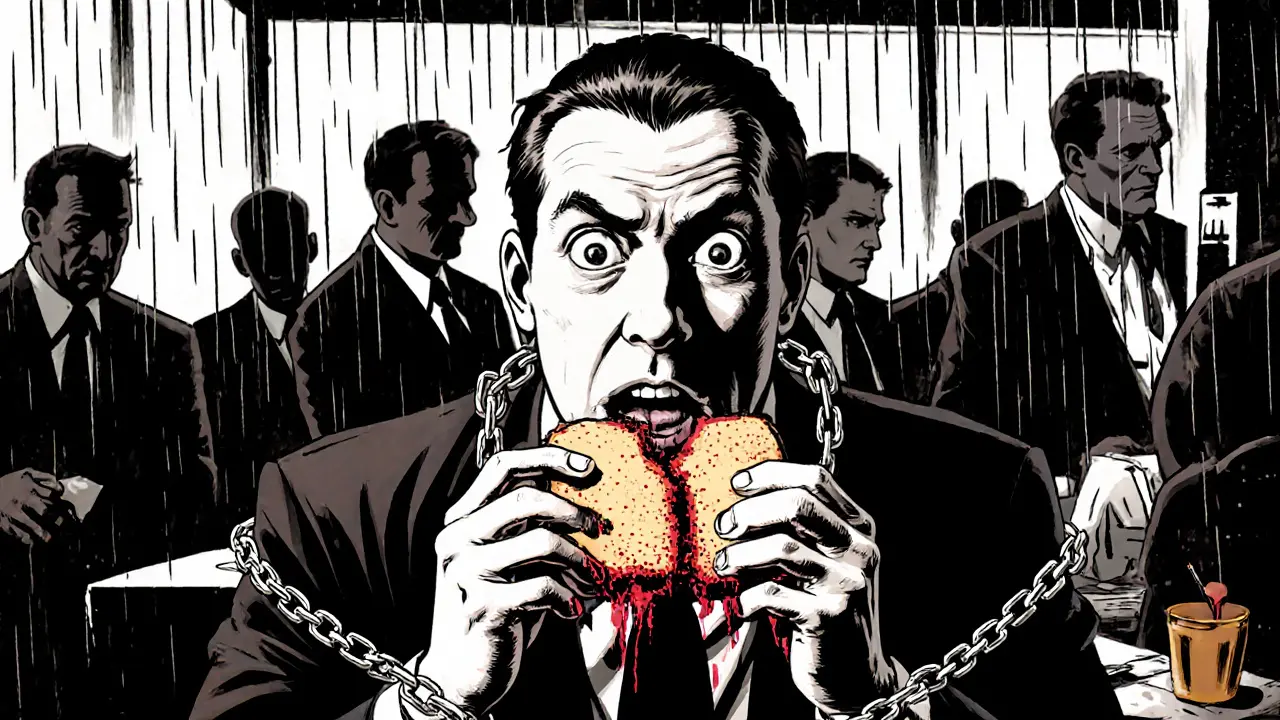 Muž v restauraci se bojí jíst, zatímco jídlo se mění v hrozivé tváře, které ho soustředěně sledují.