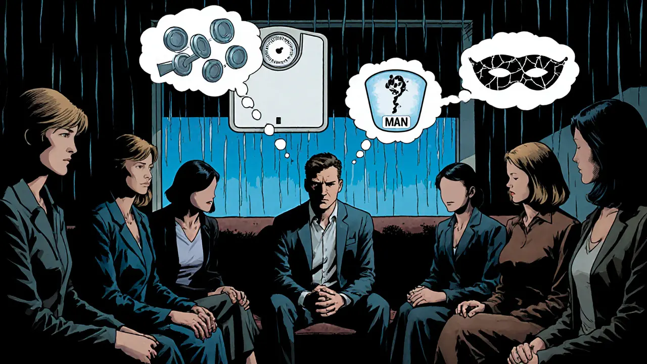 Muž v terapii je jediným mužem mezi ženami, jeho myšlenky ukazují tlak na mužský ideál.