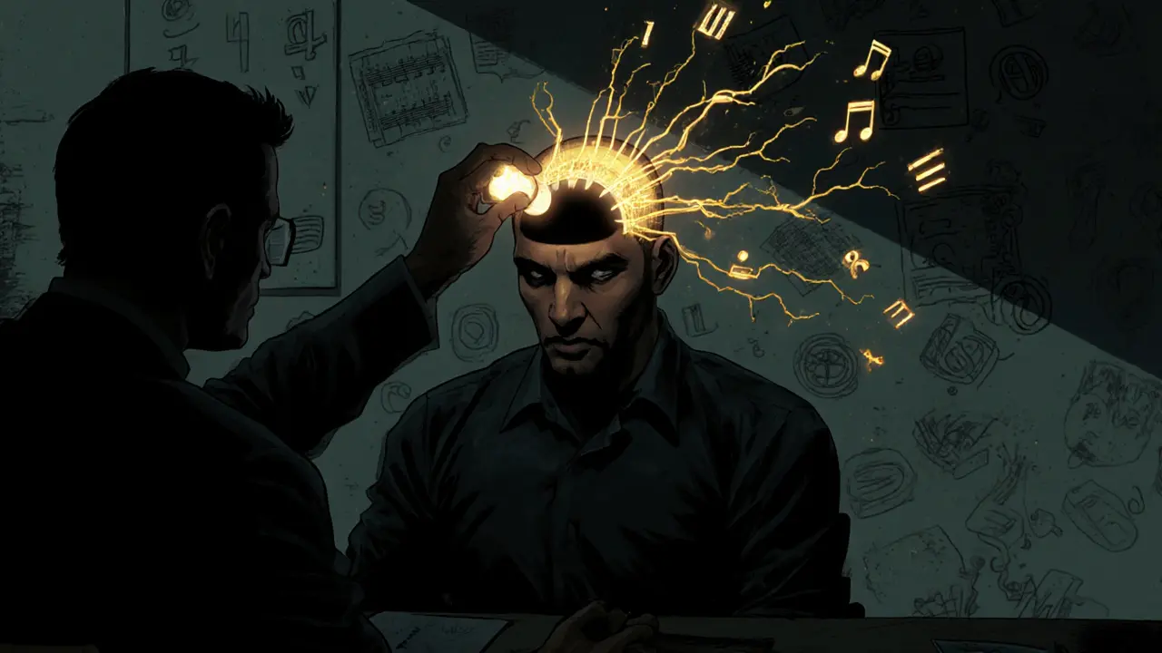 Neurolog stimuluje mozek savanta, zatímco jeho mozkové cesty září vzory a čísla.