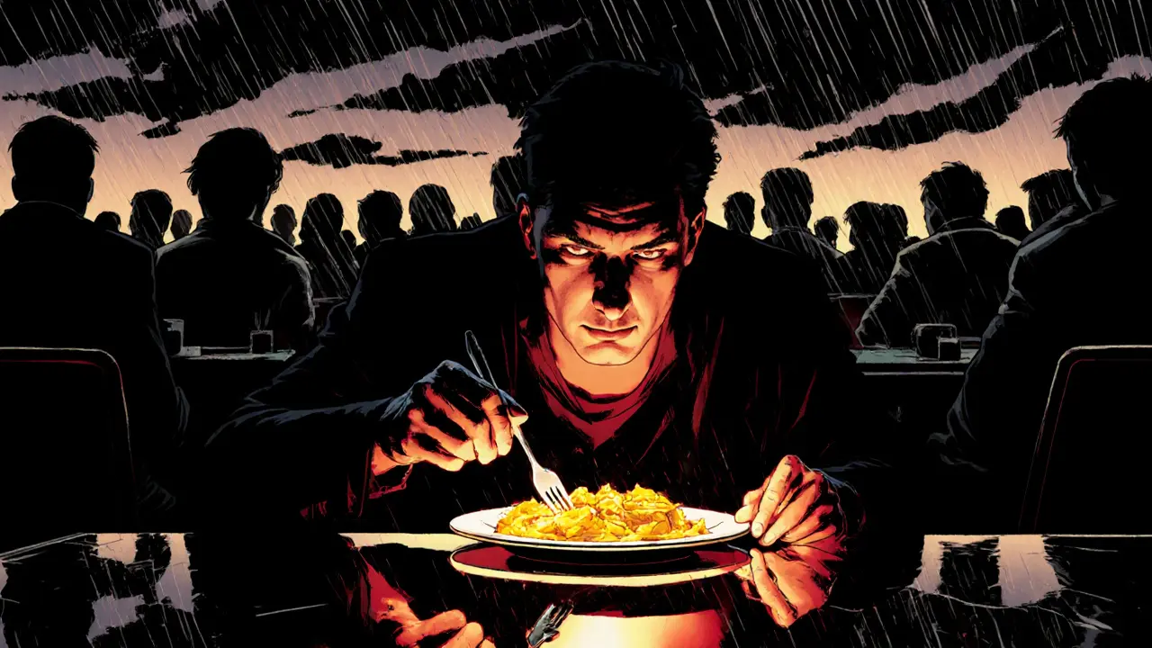 Osoba jí v restauraci, zatímco nad ní se vznášejí temné mraky, jídlo září teplým světlem.