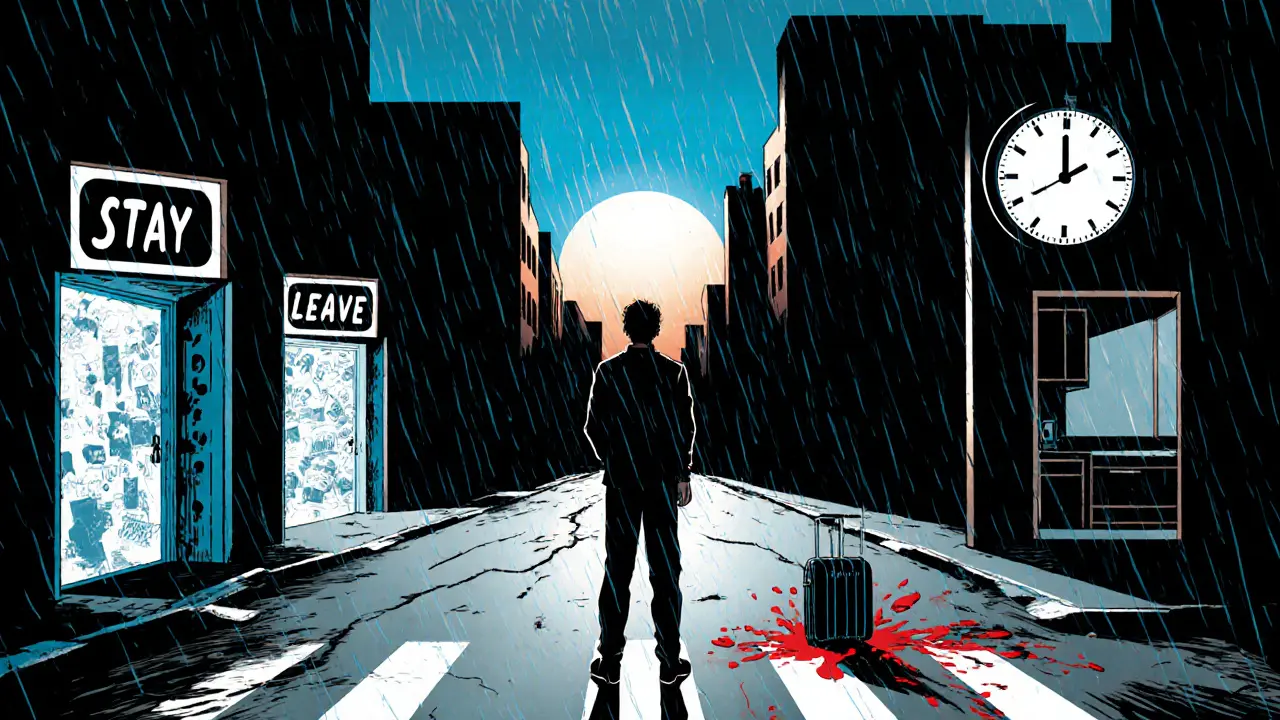 Osoba na křižovatce: jedna cesta s vzpomínkami, druhá s novým světlem, město v Sin City stylu.