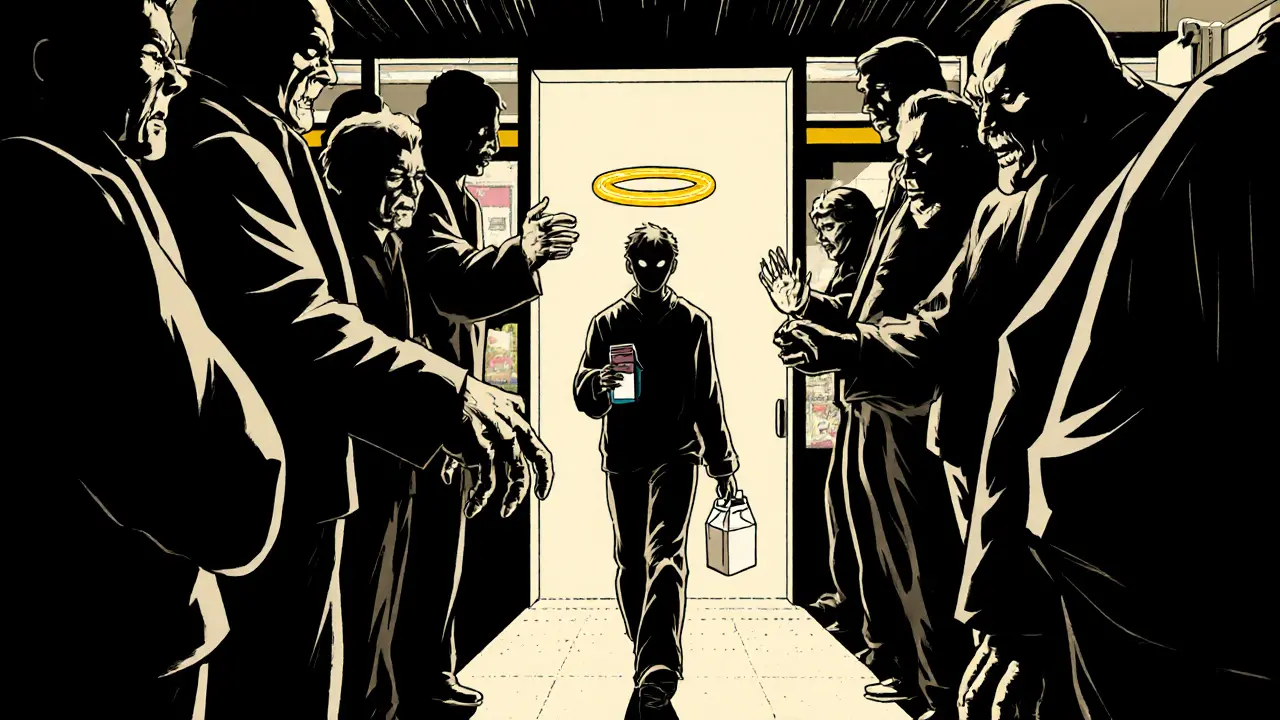 Osoba nakupuje v obchodě, kolem ní stíny trauma, ale drží mléko — symbol návratu k běžnému životu.