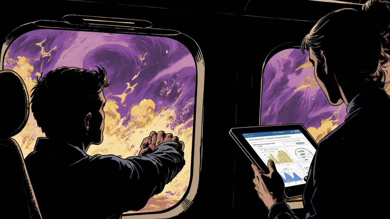 Pacient v virtuálním letadle s terapeutem vedle sebe, venku bouřka.