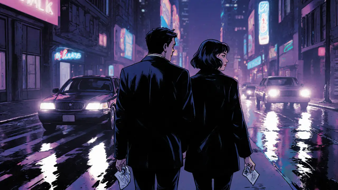 Pár kráčí po mokré ulici ve městě pod neonovým osvětlením, neobjímají se, ale jejich těla jsou blíž než dříve.