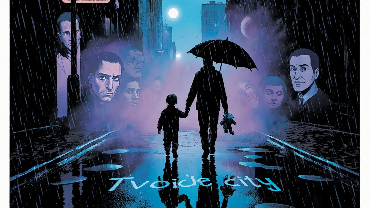 Rodič a dítě jdou po mokré ulici večer, drží se za ruce, slunce proráží mraky.