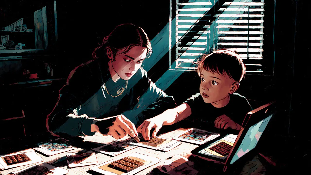 Rodina používá obrázkové karty k komunikaci v kuchyni s dramatickým osvětlením.