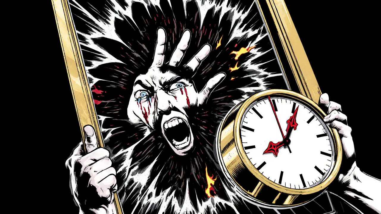 Ruka drží hodiny a dveře, zatímco emoce praskají jako sklo v temnotě.